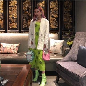 Green smiling face long silk dress